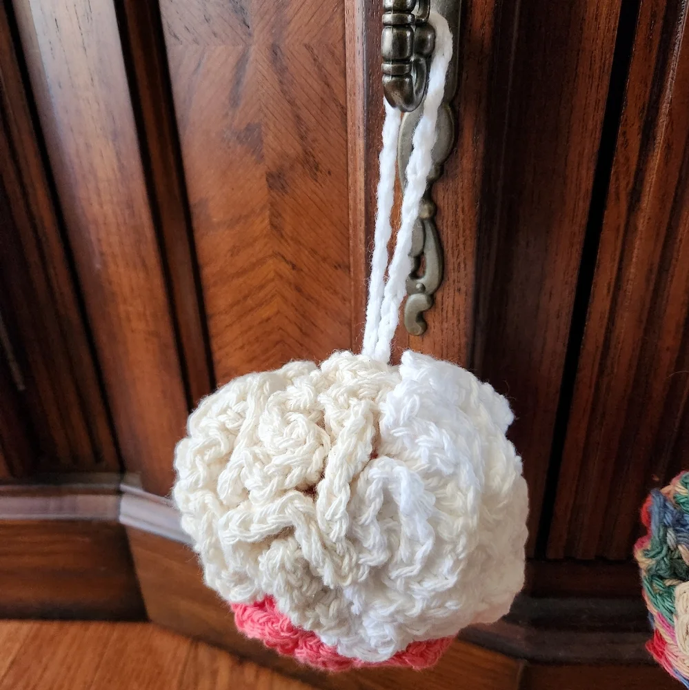 Crochet Set of 2 Tan Multi-colored Shower Poufs